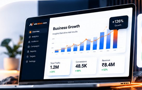 AdsValues growth dashboard on a laptop