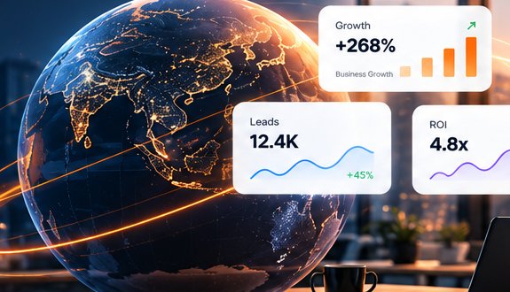 Global reach with growth, leads and ROI metrics